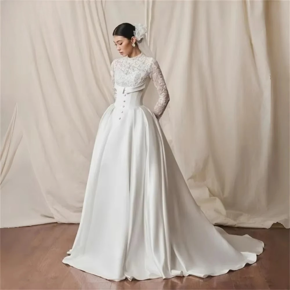 Customized High Neck Full Sleeve Lace Satin Ball Gown Bridal Dress with Buttons Sweep Train for Wedding Ceremony Photoshoot