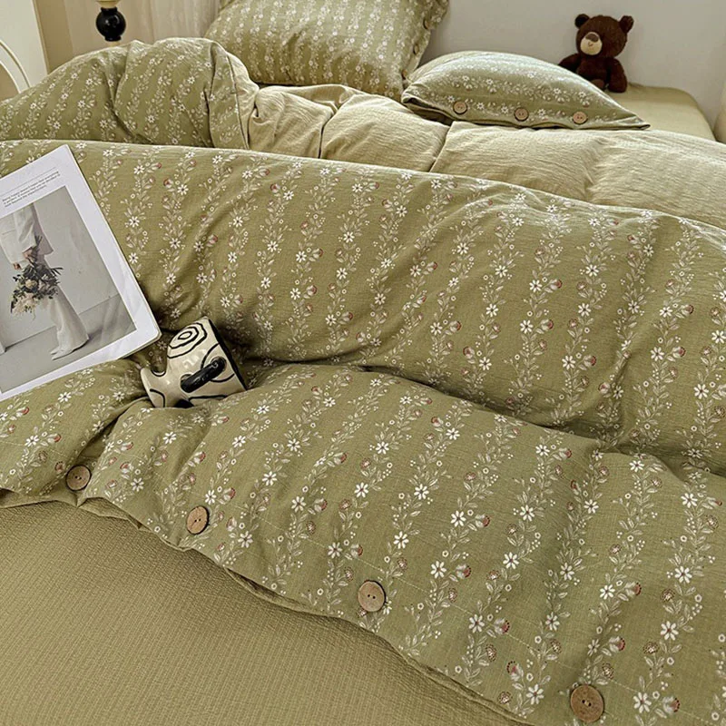 New Retro Floral Buttons Duvet Cover Floral Printed Quilt Covers for Four Seasons Class A Skin-Friendly Bedding for Naked Sleep