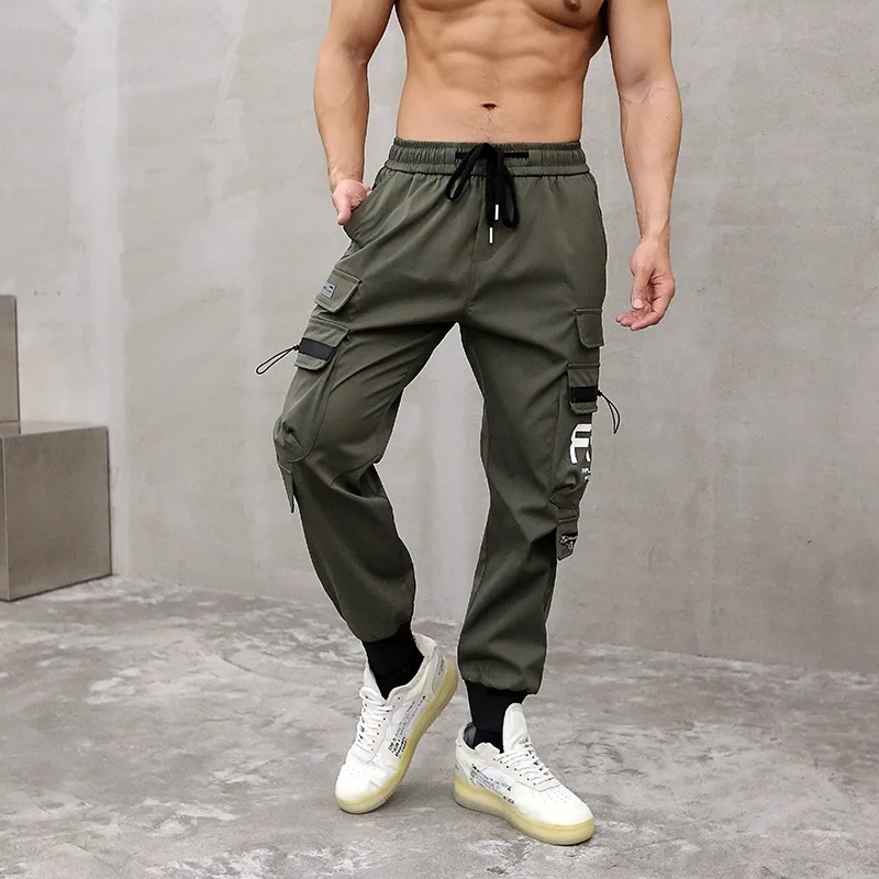 Stretch big size leg-binding trousers loose casual multi-pocket overalls men\'s drawstring ice wire men\'s trousers