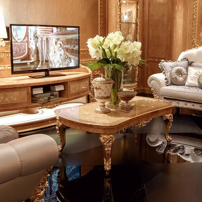 Solid wood carving coffee table with natural shell parquet coffee table