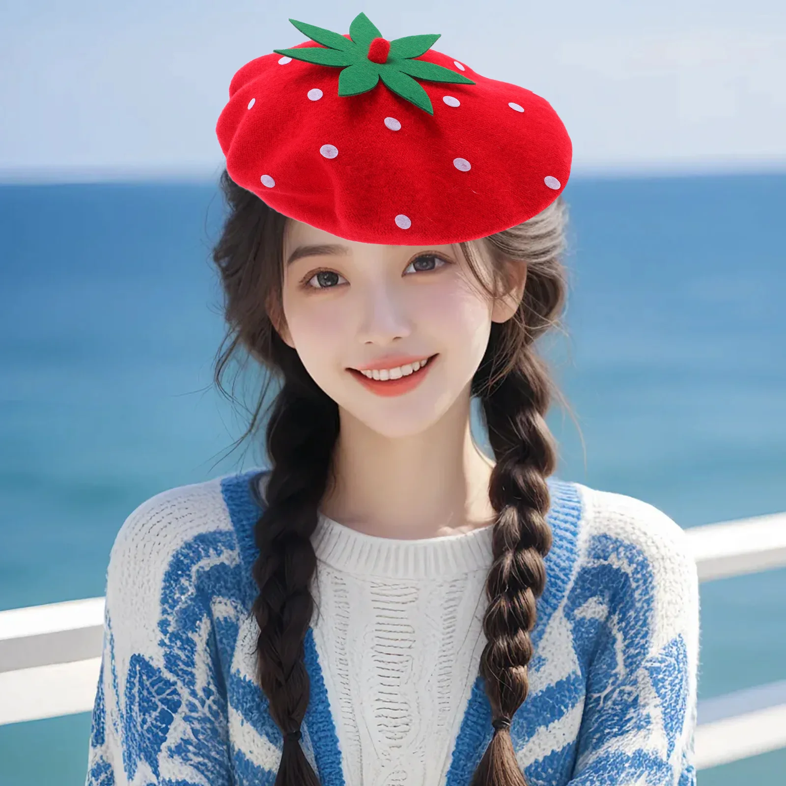 

1pcs Strawberry Beret Hat Cute Wool Blend Women Party Headdress Artist Cap Cosplay Birthday Decor Strawberry Hat
