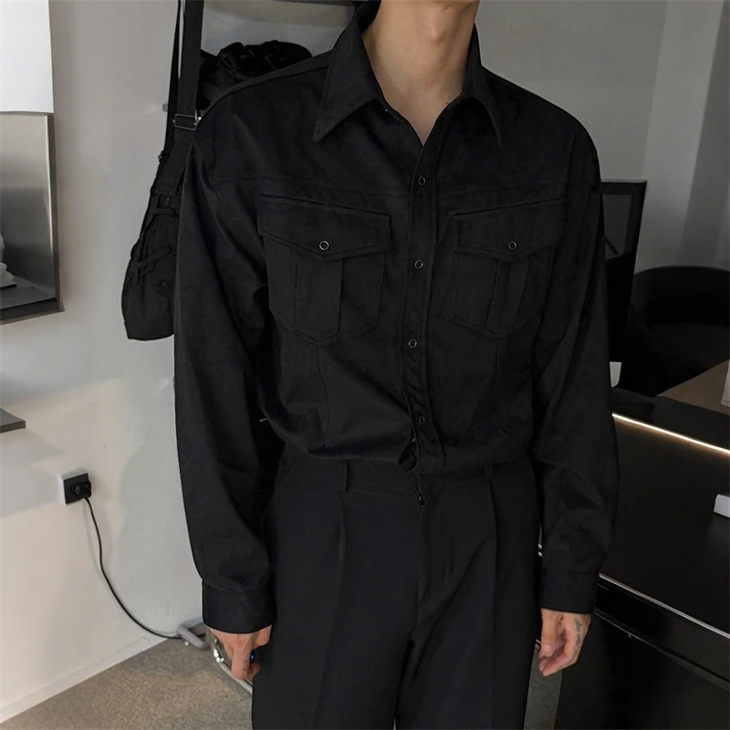 Black High End Suede Texture Shirt Men Classic Collar Dual Chest Pockets Long Sleeve Vintage Chic Casual Top Fashion B55O