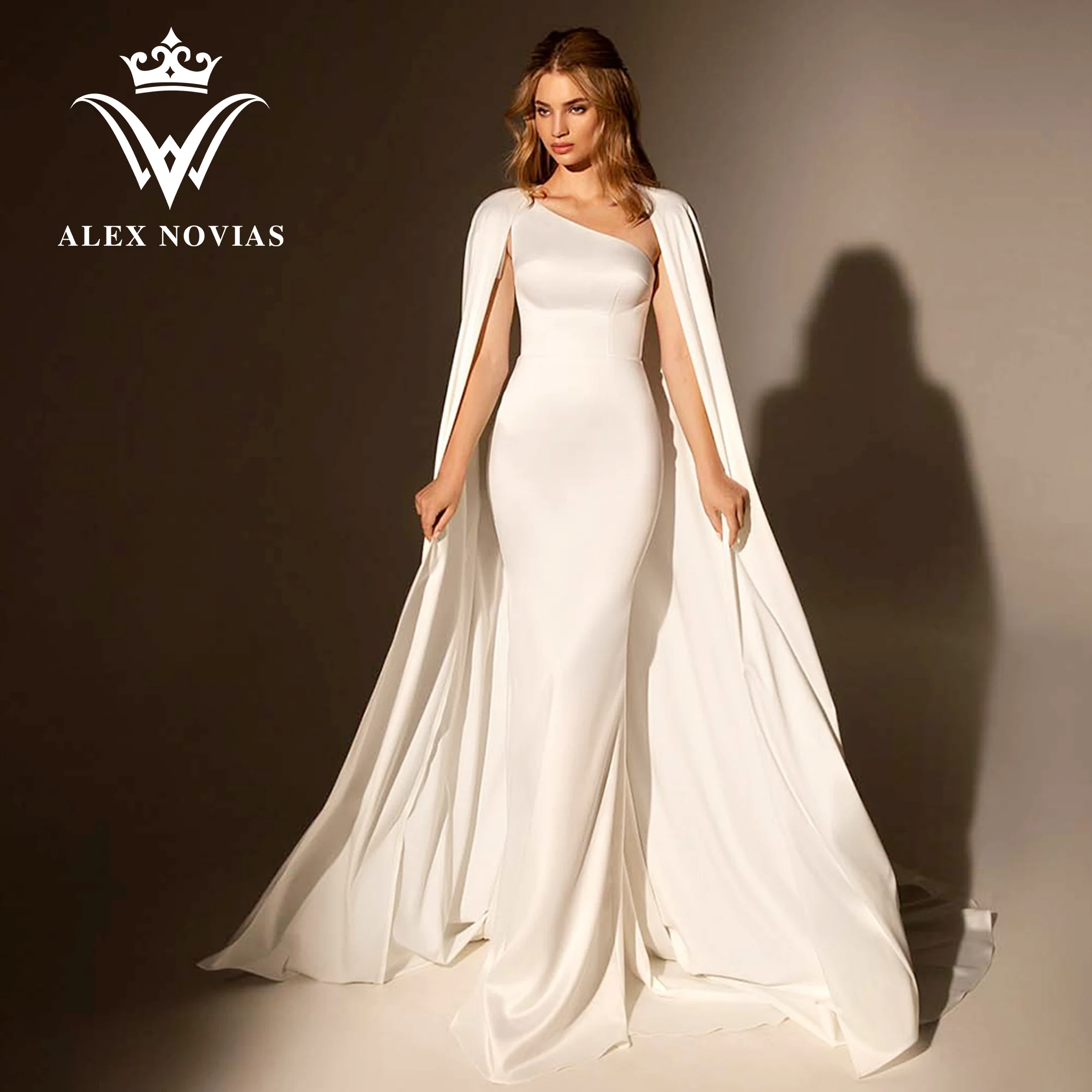 

ALEX NOVIAS Mermaid Wedding Dresses For Women With Mit Cape 2023Simple One Shoulder Stretch Satin Wedding Gown Vestidos De Novia