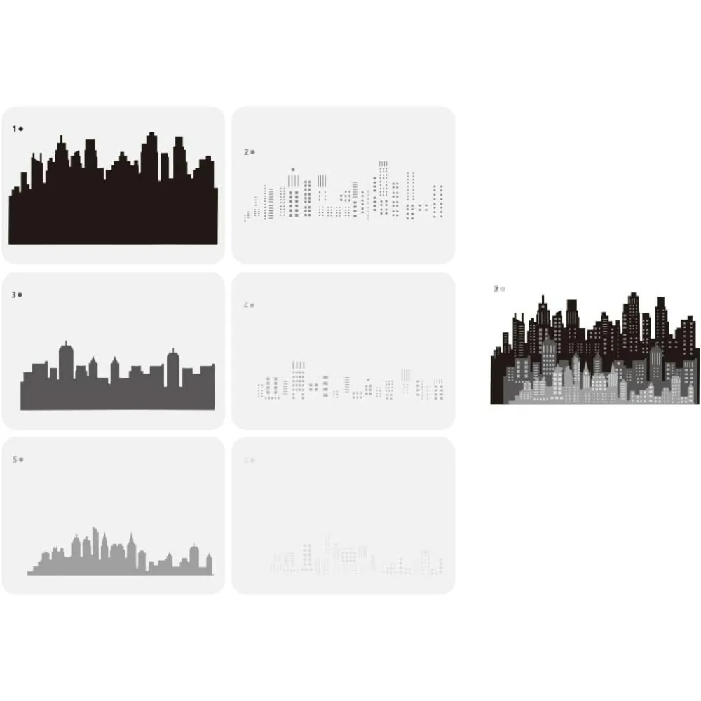 

6 шт. многослойный трафарет городской горизонт - 11,7x8,3 дюйма, многоразовый шаблон с рисунком зданий для деревянной стены, тканевой мебели