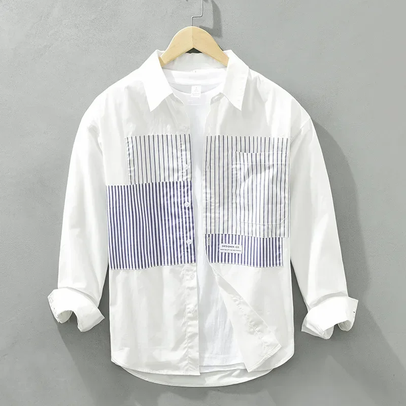 

Корейская мода Мужская белая рубашка с длинным рукавом Весна Осень Повседневная повседневная рубашка из чистого хлопка Уличная мужская полосатая лоскутная рубашка Молодежная
