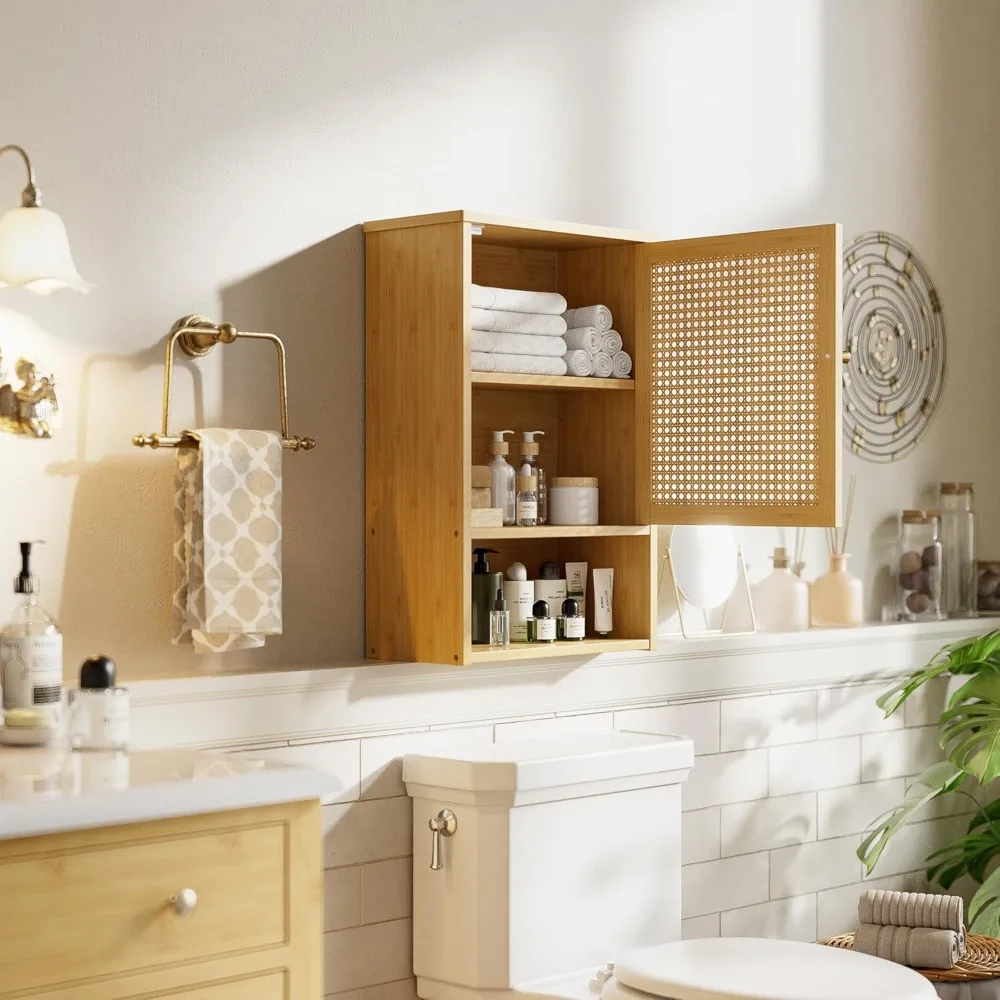 خزانة تخزين من الخيزران فوق المرحاض مع أبواب من الروطان ورف قابل للتعديل، ومنظم خزانة أدوية موفر للمساحة #2