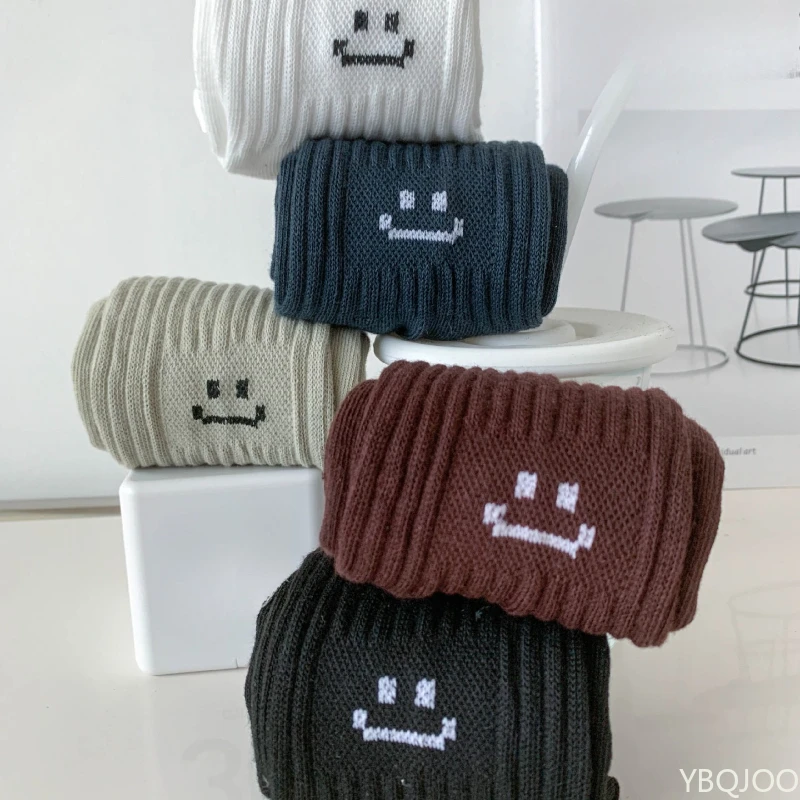 5 pairs of women's knitted solid color mid tube socks thick thread women's socks cute smiling face trendy breathable socks