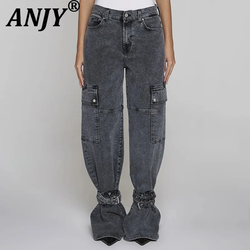 

ANJY Autumn New Women Tide Cargo Jeans Multi-pocket Spliced Design Fashion Safari Style Streetwear Casual Chic Denim Pants A8761