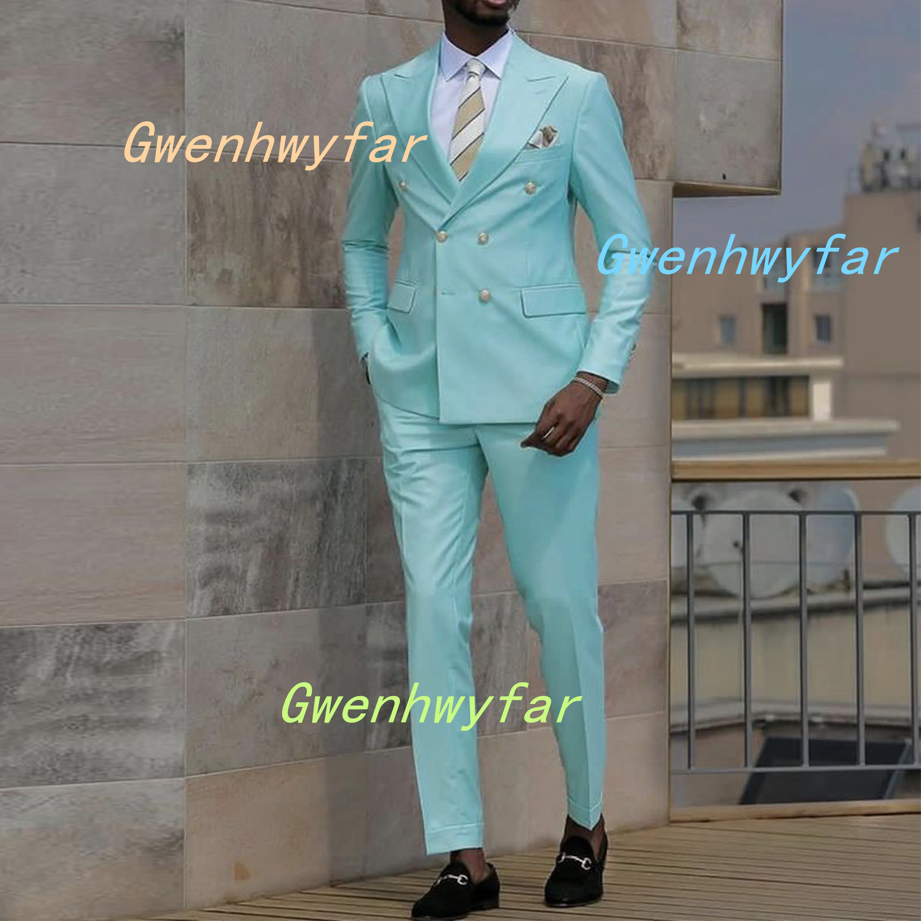 

Gwenhwyfar Мужские костюмы с золотыми пуговицами мятно-зеленого цвета 2025 Смокинги для свадебной вечеринки Молодые мужчины Шафер Брюки Комплект двубортных