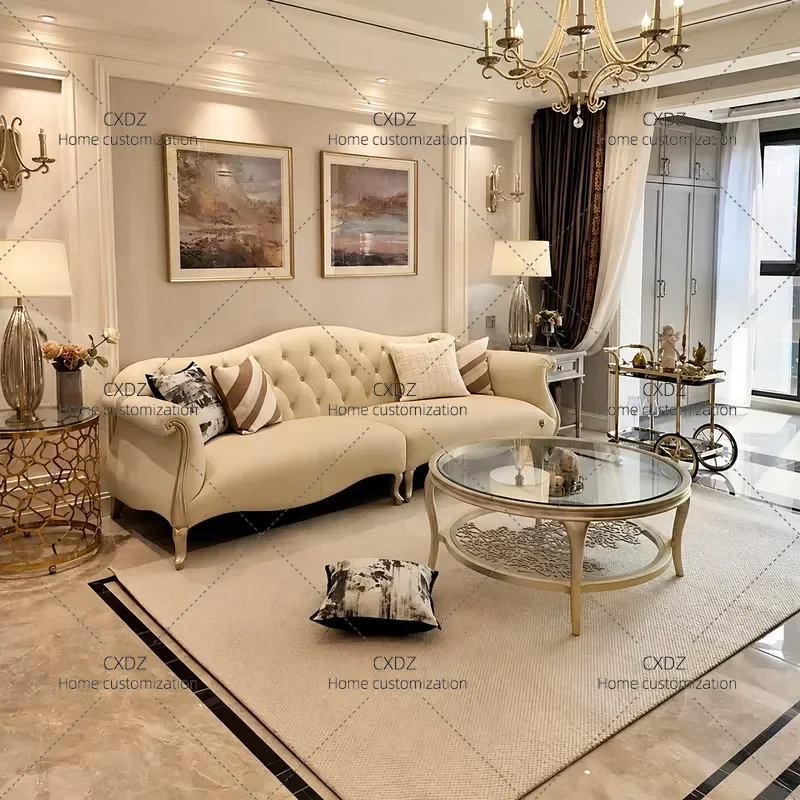 Modern Cream Style Solid Wood Sofa with Fabric and Leather Upholstery Simple Living Room Straight Row Buckle Combination
