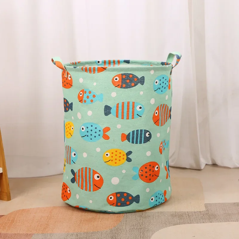 Portable Foldable Home Laundry Storage Bag Print Laundry Basket Cotton Linen Hamper for Kids Toys Dirty Clothes Basket Large