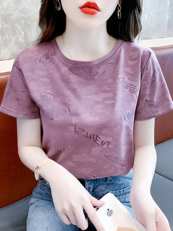 

Свободная футболка с круглым вырезом и коротким рукавом в корейском стиле для женщин среднего возраста, модный фасон для мам, фиолетово-розовая