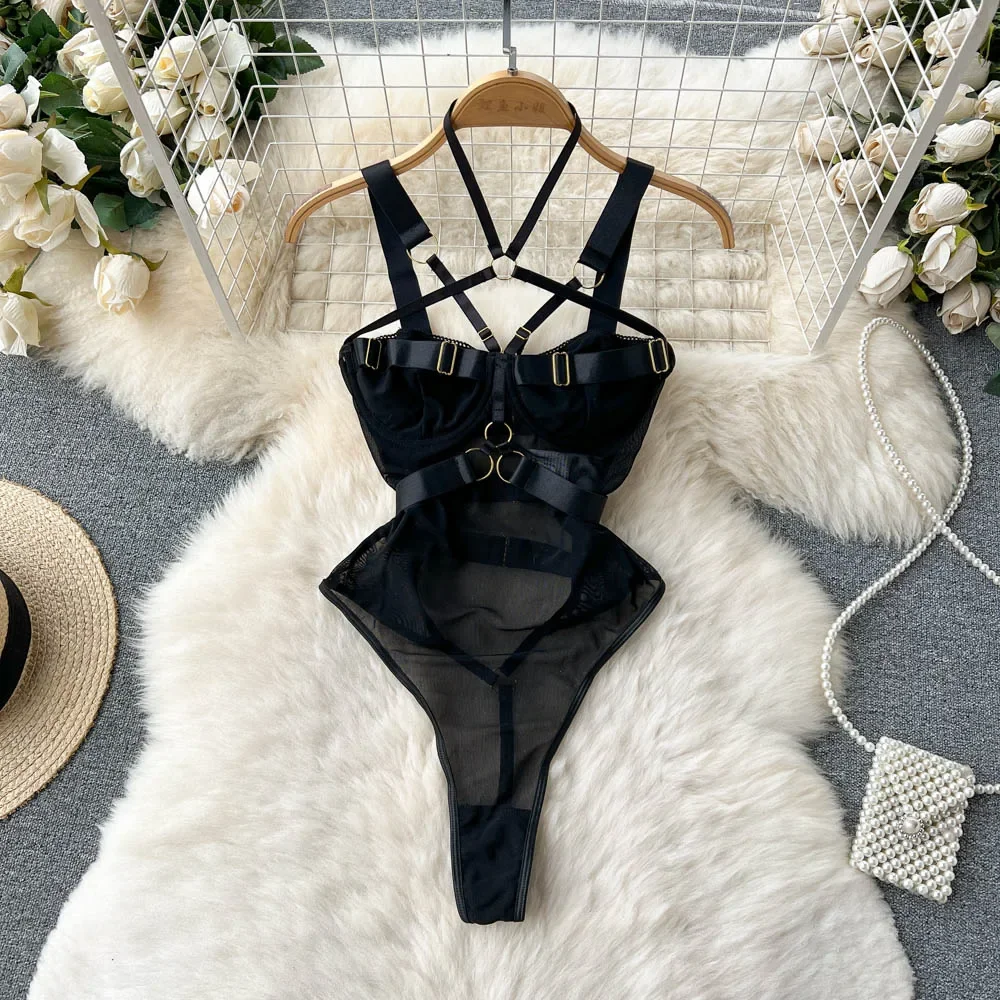 ssTss Women Sexy Black Mesh Bodysuit Summer Fashion Hollow Out Thin See Through Spaghetti Strap Skinny Night Club Female Body