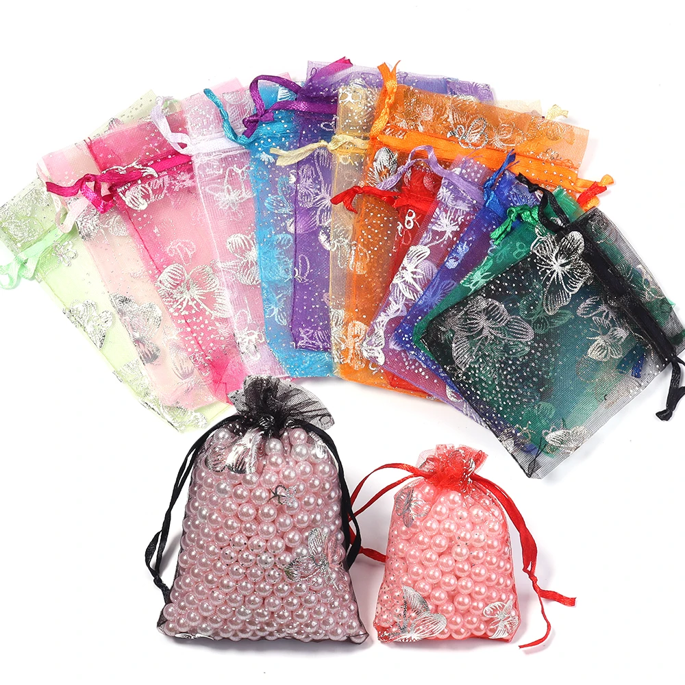 10pcs/lot 7x9cm 9x12cm Butterfly Printed Jewelry Bag Colorful Organza Gift Bag Candy Bag Jewelry Packing Drawstring Bags Pouches