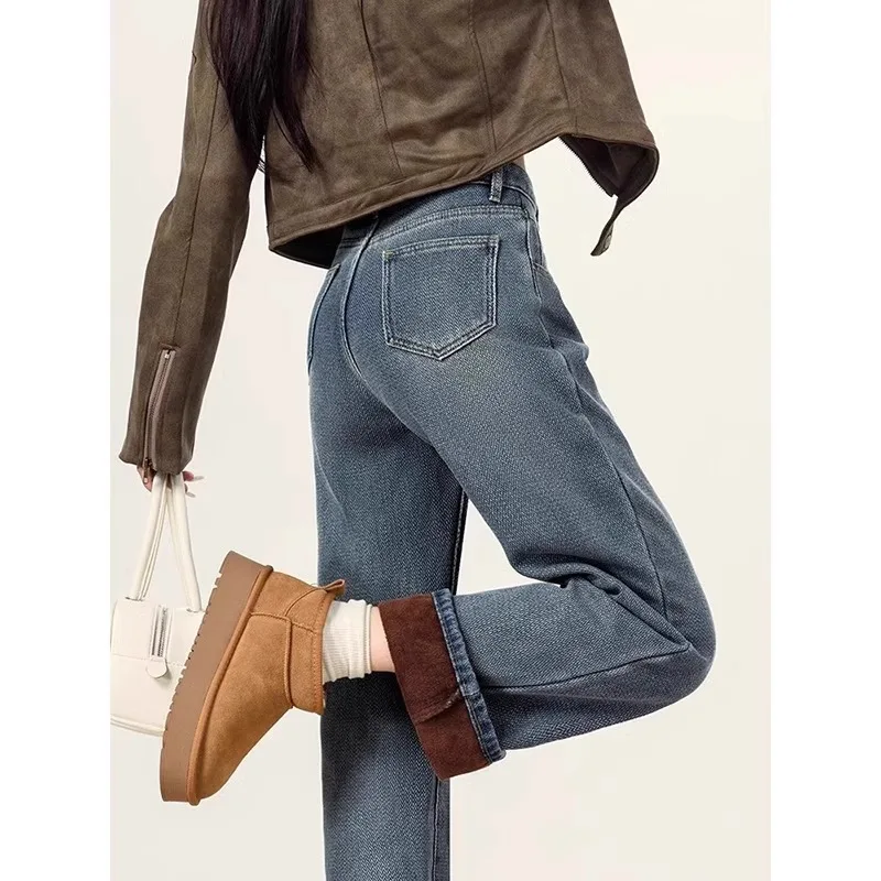 Fce doublé étoilé à motifs vintage taille haute jambe droite jean en jean femme ample minceur version étroite chaud large...