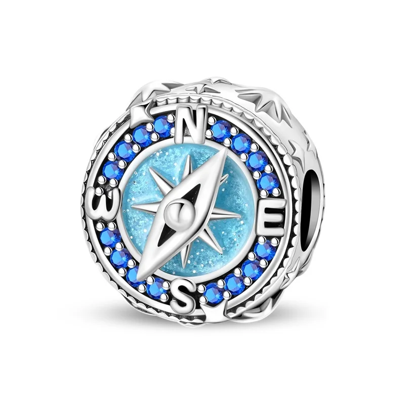 925 Sterling Silver Compass Charms Beads Sparkling CZ Zircon Dangle Fit Original Bracelet DIY For Women Travel Jewelry Gifts