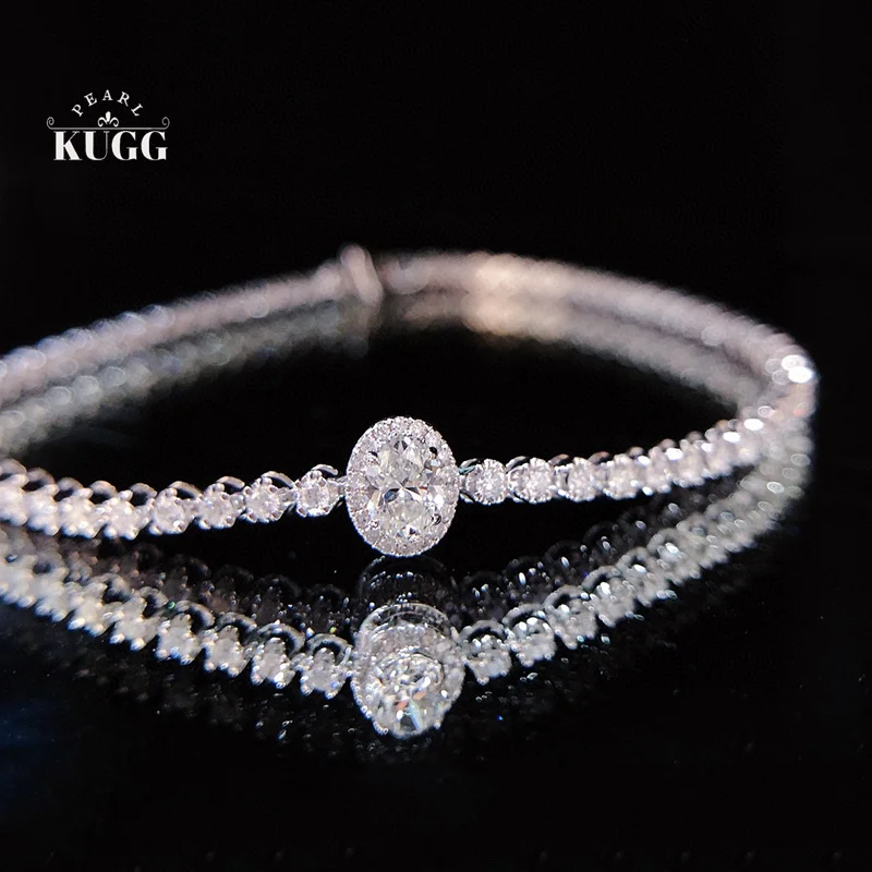 

KUGG 100% 18K White Gold Bracelet Luxury Oval Shape Real Natural Diamond Bracelet for Women High Party Jewelry