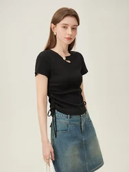 FSLE Neckline Hollow Out Design Women Black Slim Front Shoulder T-Shirts Side Drawstring Short Solid Thin Fit T-shirt 24FS12183