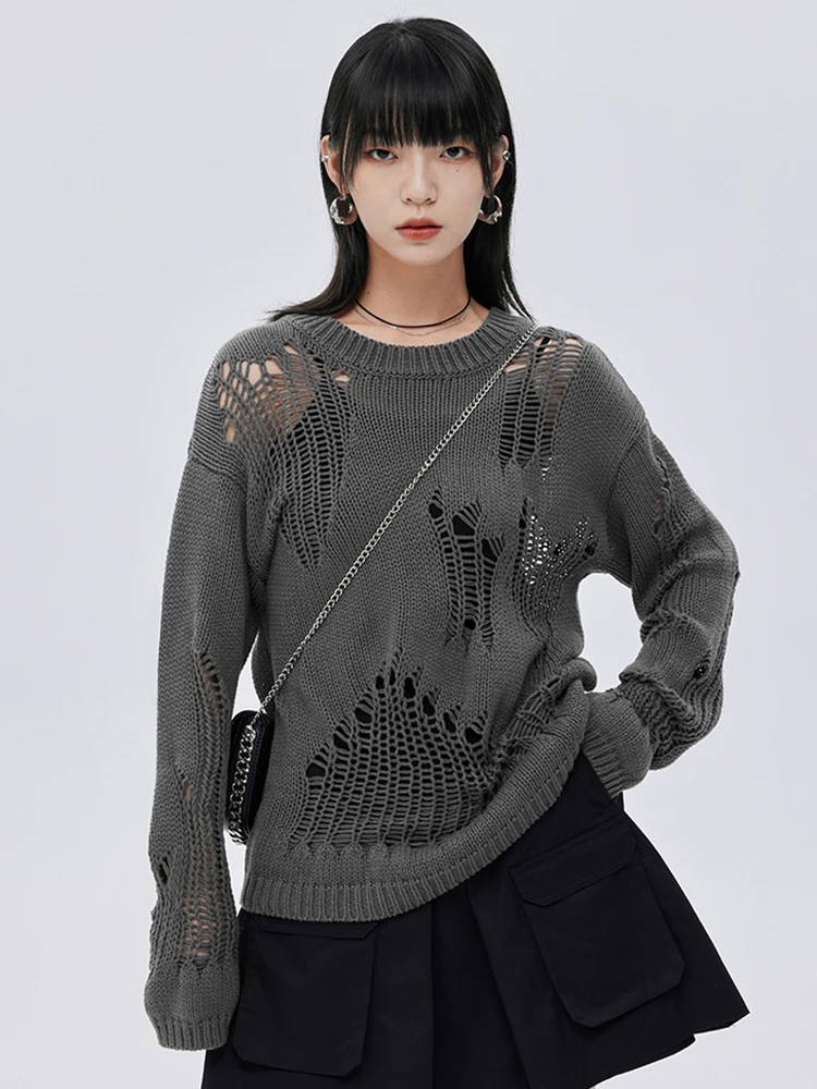 Jmprs Gothic Hole Y2K Sweaters Women Long Sleeve Loose Grey Knitted Pullovers Streetwear Harajuku Hollow Out Bf Vintage Jumpers