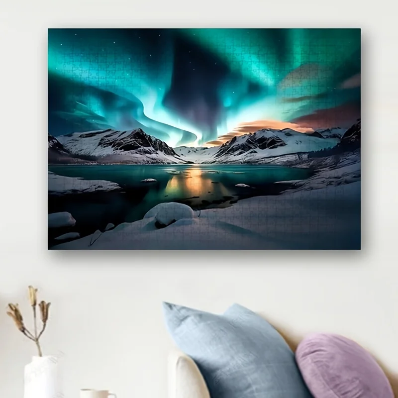 Rompecabezas Northern Lights Aurora Borealis de 1000 piezas para adultos - Escena nocturna de lago de montaña de invierno con verde vibrante y azul