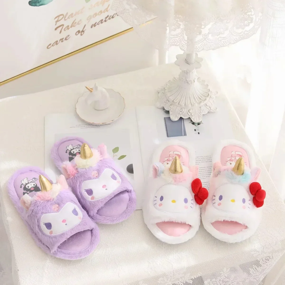 

Sanrio Hello Kitty Cartoon Slippers Cute Kuromi Melody Home Slippers Spring Autumn Summer Plush Fish Mouth Drag Open Toe