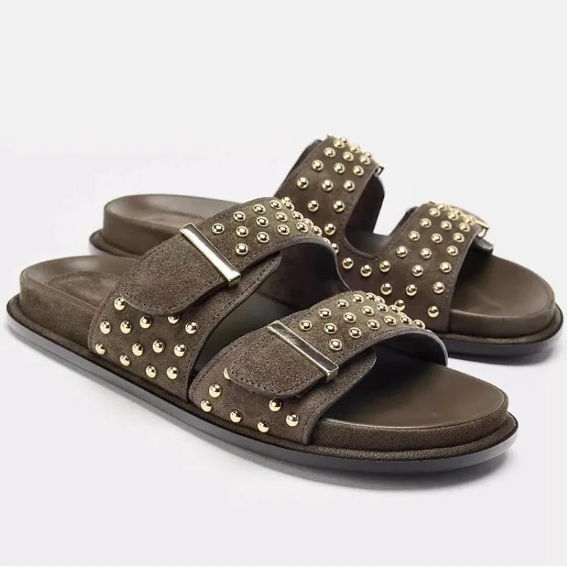

Rivet Suede Brand Flat Slippers Women Summer New Casual Slides Female Non-slip Open Toe Comfort Fashion Beach Sandals for Women