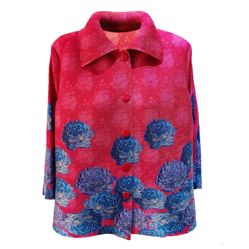 Miyake จีบเสื้อแฟชั่นการพิมพ์ปกเสื้อสเวตเตอร์ถัก 2025 ฤดูใบไม้ผลิใหม่แฟชั่นหลวมขนาดใหญ่สุภาพสตรีแจ็คเก็ตเสื้อผ้า