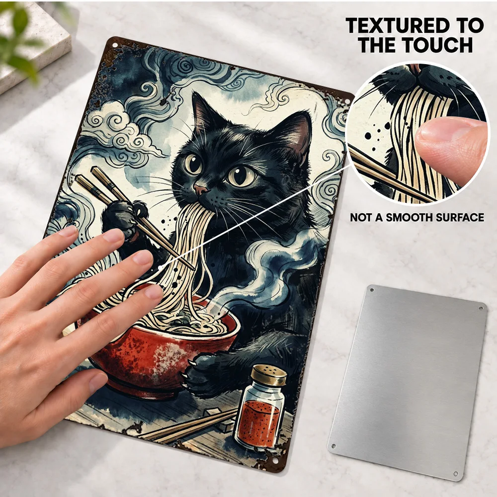 Black Cat Eating Ramen Watercolor Aluminum Poster Retro Bold Design Bedroom Wall Art Customized Metal Sign Gift For Home Cooks