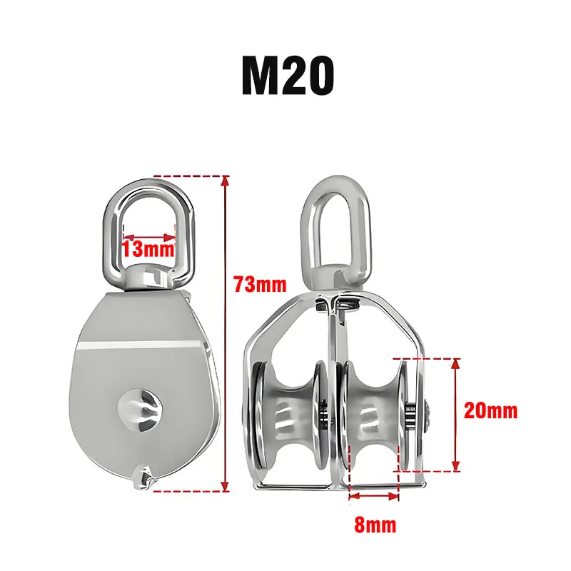 1PC Double Pulley Block 304 Stainless Steel Wire Rope Lifting Swivel Hook Cable Pulley Wheel Tackle Lifting M20 M25 M32 M50