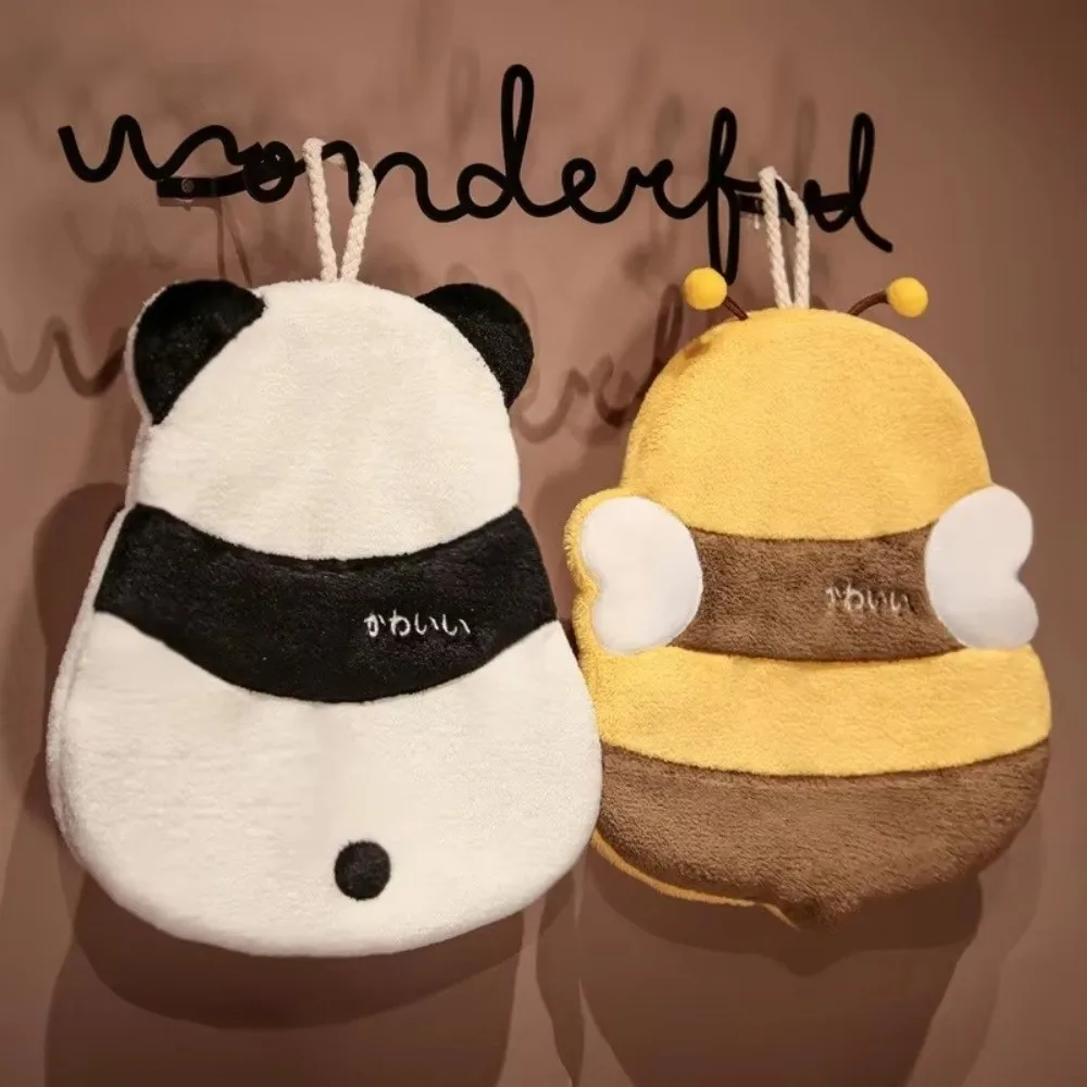 Cartoon Coral Fleece Hand Towels Absorbent Panda Bee Shaped Hanging Terry Towel With Lanyard Wipe Handkerchief Hand Wiping