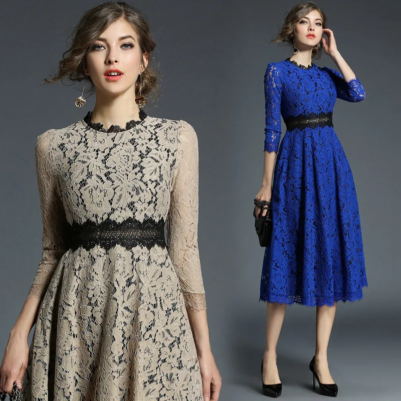 

2024 New British Style Vintage Court Lace Stitching Sexy Color Matching High Waist Slimming Long Dress