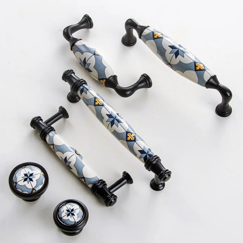 Blue Flower / Ceramic Door Handles And Knobs Nordic Furniture Handles Drawer Pulls Kitchen Cabinet Knobs And Handles With Screw