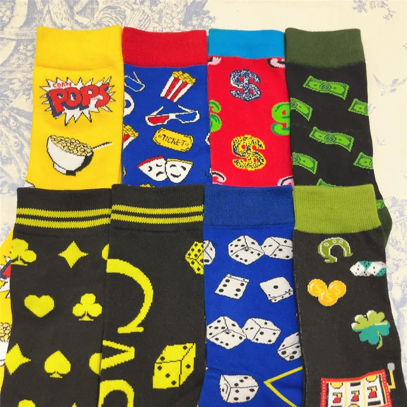 1Pair Adult Size Mid Calf Crew Cartoon Cottton Unisex Socks Game Popcorn Dollar Poker Dice Movie Theater Cinema Items Skateboard