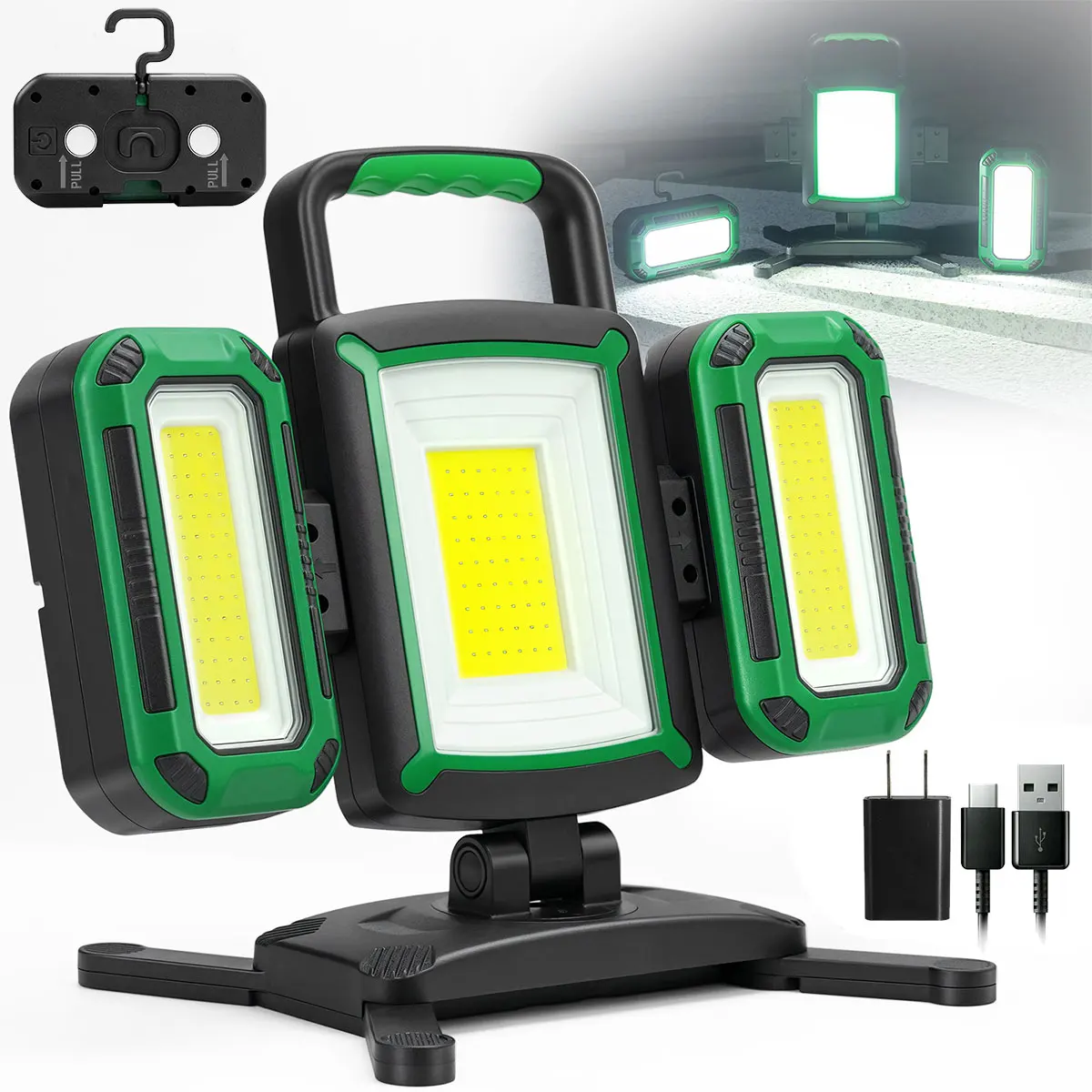 ضوء عمل قابل لإعادة الشحن 50 وات، ضوء عمل مغناطيسي 3 في 1 مع مصباحين كاشفين قابلين للفصل، 9 أوضاع، مصباح عمل LED محمول مع خطافات #1