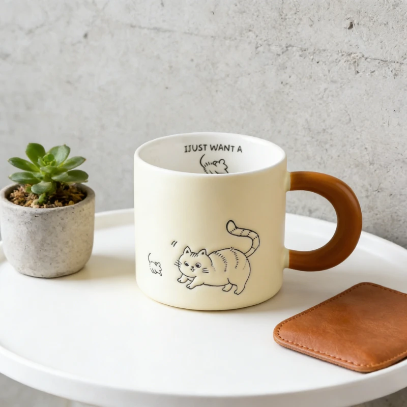 

Minimalist Cartoon Retro and Cute Ceramic Cat Shaped Mugs High Appearance Level Water Cup for Home Breakfast Couple Coffee Cups