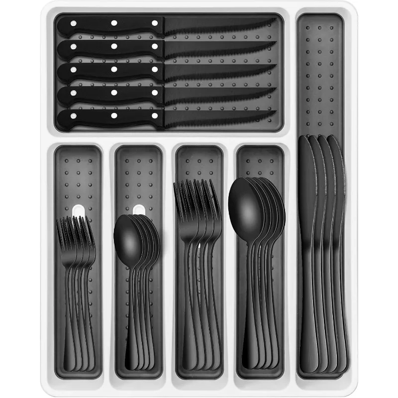 

49-Piece Flatware Set with Drawer Organizer, Durable Stainless Steel Cutlery Set for 8, Tableware Eating Utensils with Steak