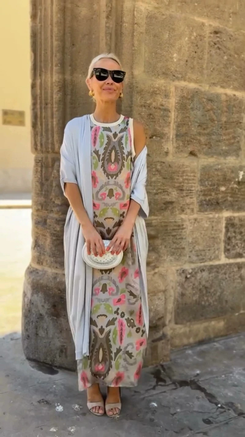 فساتين نسائية طقم مكون من قطعتين كاجوال كاجوال مطبوع عليه ألوان فضفاضة بدون أكمام فستان طويل بلون سادة معطف كارديجان مكون من قطعتين جديد