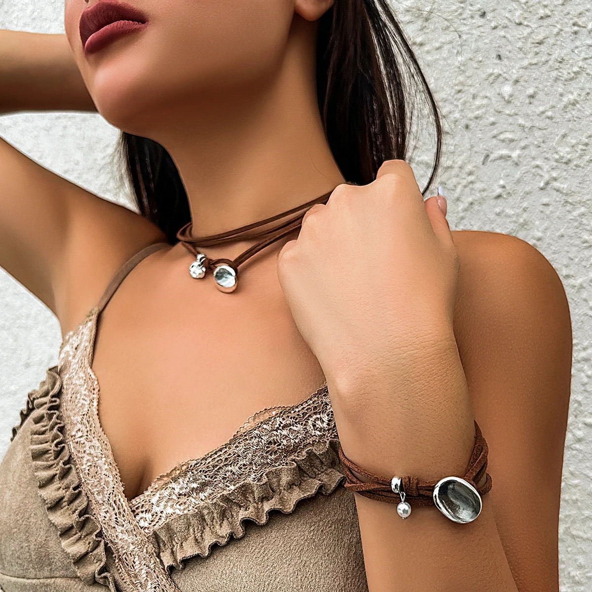 PuRui Vintage Coffee Color Korean Velvet Rope Choker Women Fashion Jewelry Set Oval Charm Necklace Bracelet Party Y2K Girls Gift