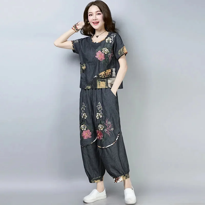 Mid Aged Elderly Ethnic Style Large Size Women\'s Set Summer New Thin Retro Loose Embroidered Short Sleeved Casual Two-Piece Set