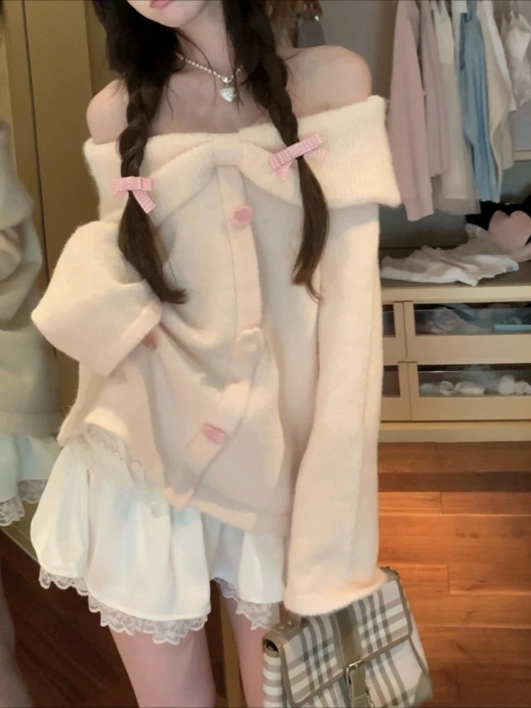 Cuteore Sweet Streetwear Knitted Cardigan Women Japanese Style Y2k Harajuku Solid Elegant Bow Sweater Soft Girl 2024