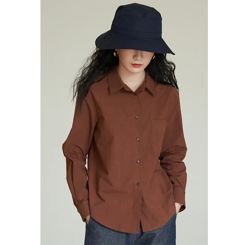 

Ertang Paper Feel Cotton Series Long Sve Women's irt Rust Red Vintage Top Small ence Design Sense Pure Color Co...