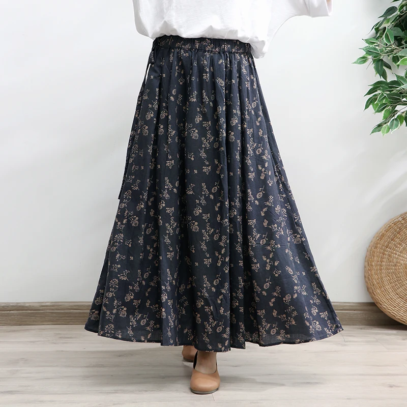 

TIYIHAILEY Free Shipping 2022 Long Maxi A-line Skirt Women Elastic Waist Spring Autumn Vintage Cotton Linen Bandage Print