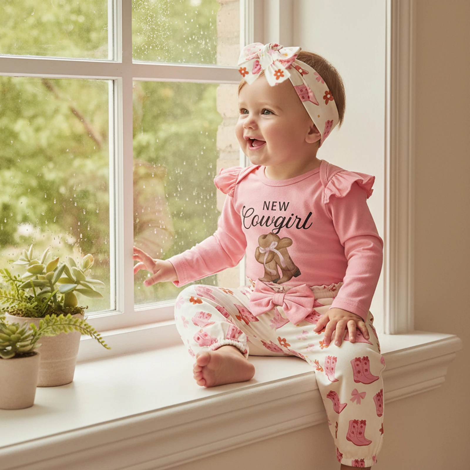 Spring Infant Baby Girls Outfit Letter Print Long Sleeve Jumpsuit Bow Headband Elastic Waist Pants Clothes Set