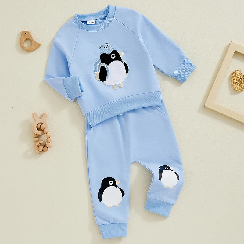 Camisola de manga comprida bordado pinguim, Calças elásticas com arco 3D, Roupa de outono Little Boy