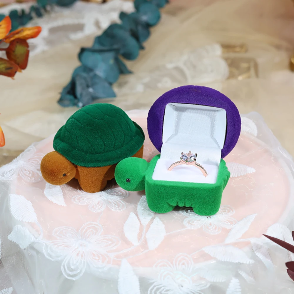 Funny Kawaii Turtle Shaped Rings Box Cartoon Cute Organizer Velvet Jewelry Storage Case Display Stand Gifts Packaging Women Girl