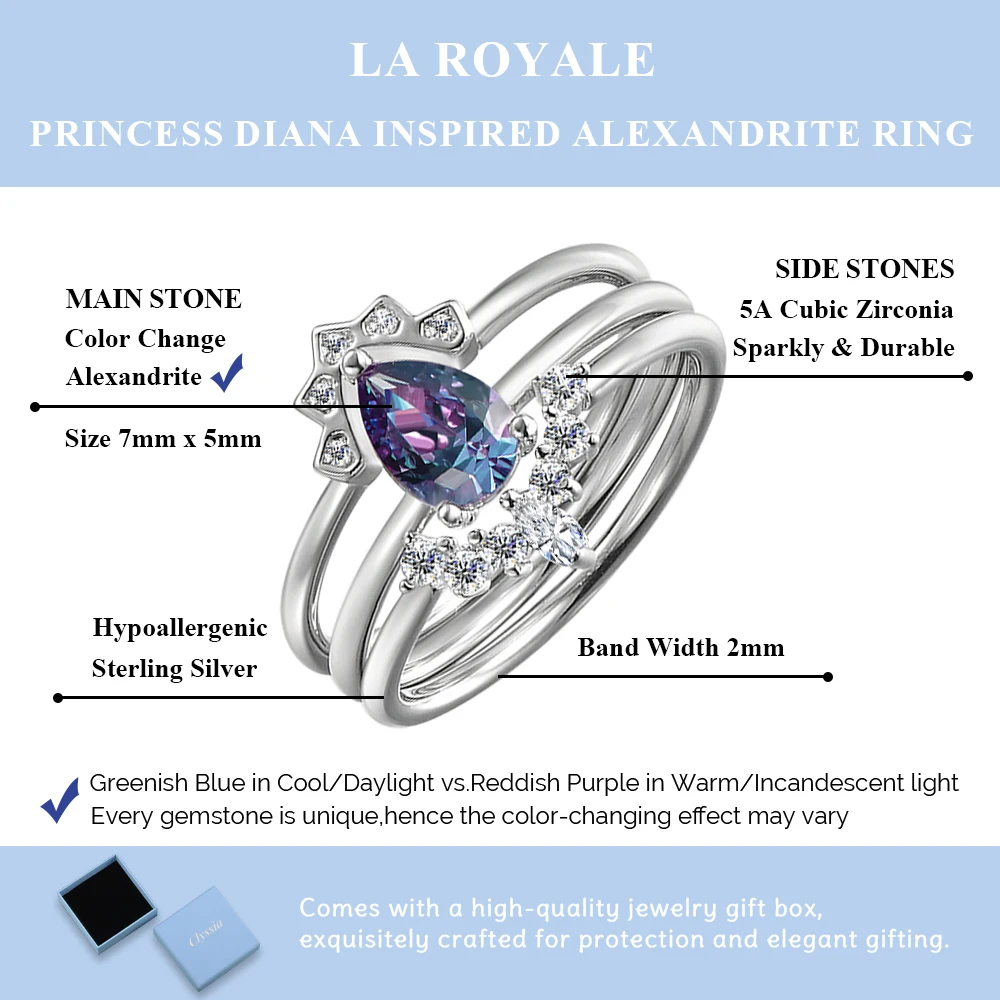 

925 Sterling Silver 3 in 1 Ring Set Stack-able Color Change Gemstone Jewelry Stackable Wedding Engagement Alexandrite Jewellery