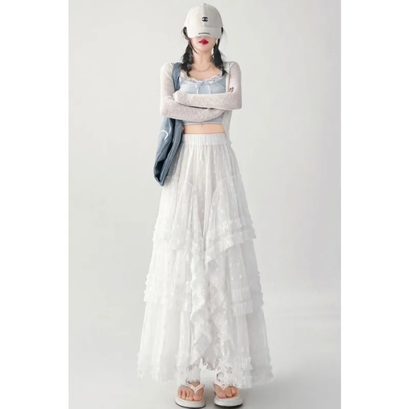 

2025 New Irregular Lace Black Skirt Mesh High Waist Sweet Autumn and Winter White Cake Long Skirt