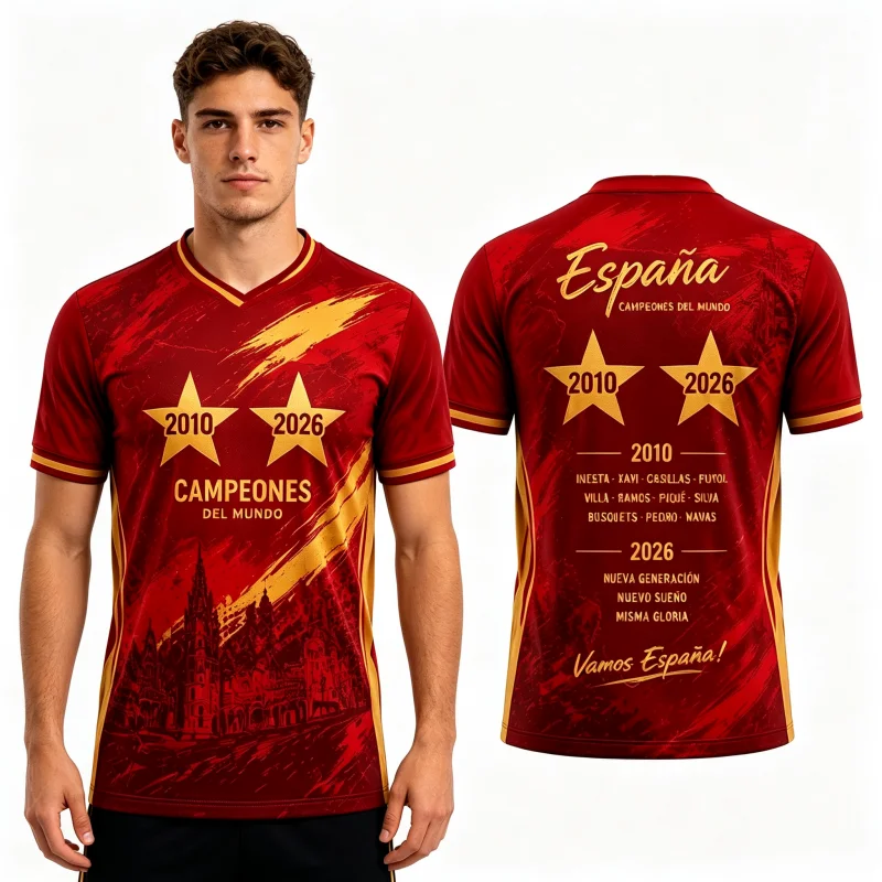 Maillot Hommage Espagne Champions 2010-2026 Rouge Or, T-shirt de Supporter de Football Unisexe à Manches Courtes, Cadeau Sportif, Assorti Famille Y2K