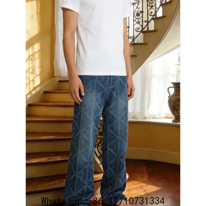 Vintage relaxed geometric jacquard jeans, loose wide-leg, European and American street style versatile must-have pants