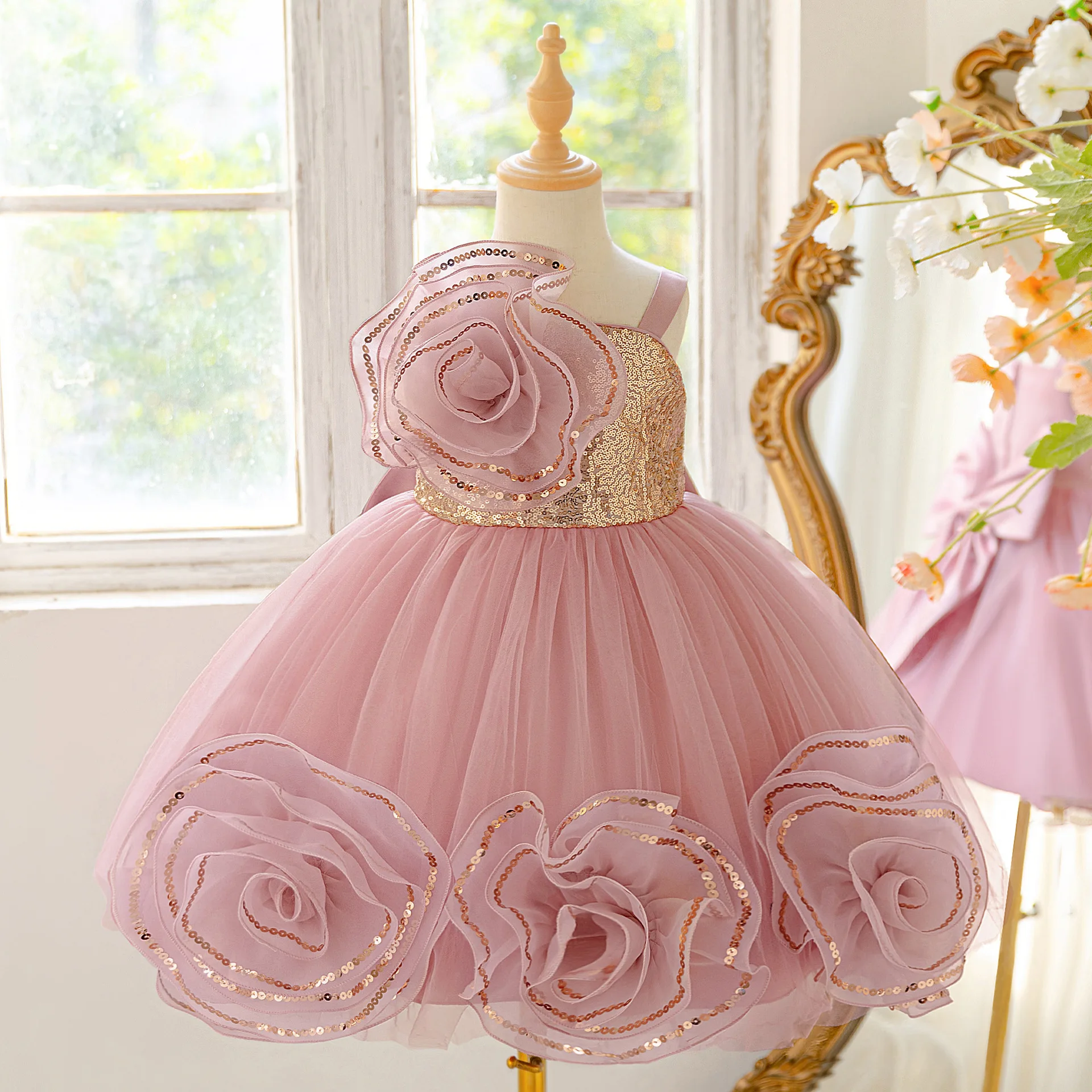 

Flower Girl Baby Party Dress Elegant Pink Fluffy 3D Princess Dress Birthday Wedding Kids Clothing Bridesmaid Evening Prom Gown